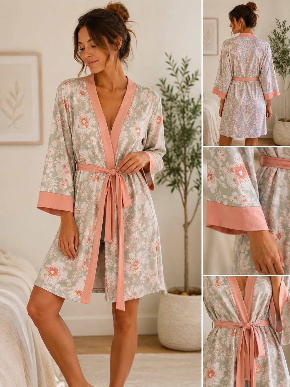 Never Worn! Super Soft! Floral Kimono Robe with Pink Trim- Size XL